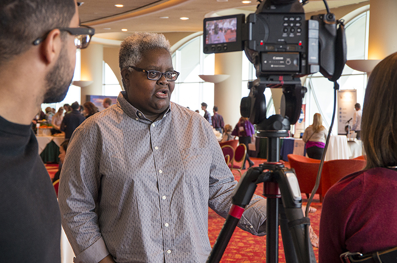 Woman being interviewed for a video