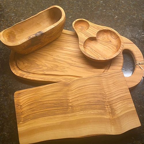 Wood cutting board, olive dish, and more