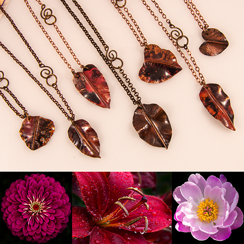 Copper leaf necklaces and photos of flowers